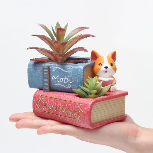 Double Book Cute Corgi Dog Reading Resin Succulent Pot - Deczo