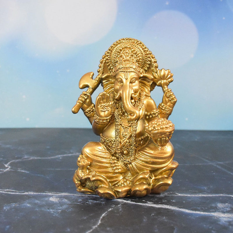 Ganesha Sitting on Lotus Flower Statue : Golden - Deczo