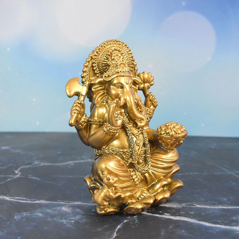 Ganesha Sitting on Lotus Flower Statue : Golden - Deczo