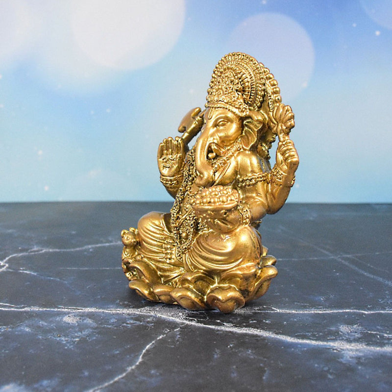 Ganesha Sitting on Lotus Flower Statue : Golden - Deczo