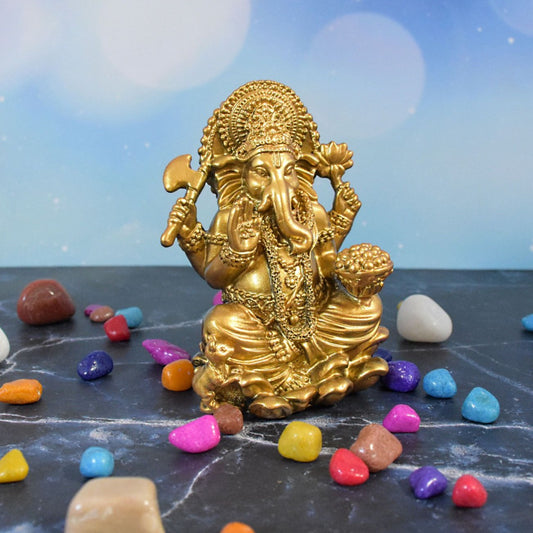 Ganesha Sitting on Lotus Flower Statue : Golden - Deczo