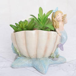 Cute Mermaid Blowing Shell Resin Succulent Pot - Deczo