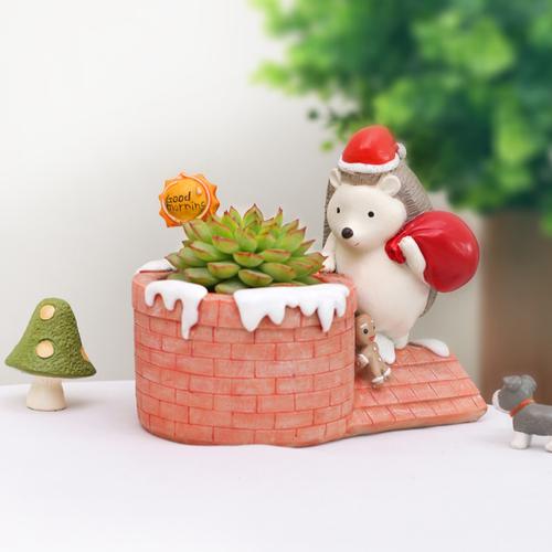 Christmas Hedgehog on Chimney Resin Succulent Pot - Deczo
