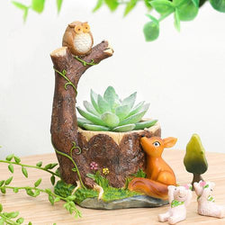 Perched Owl on Tree and Deer Resin Succulent Pot - Deczo
