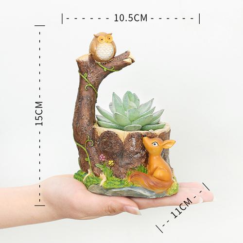 Perched Owl on Tree and Deer Resin Succulent Pot - Deczo