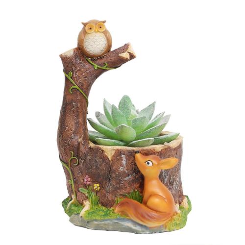 Perched Owl on Tree and Deer Resin Succulent Pot - Deczo